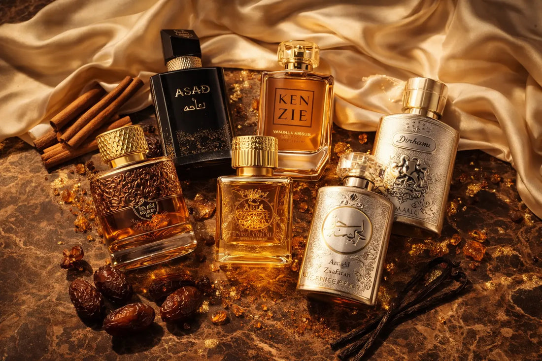 Sélection des meilleurs parfums de Dubaï 2026 – flacons orientaux sur fond doré