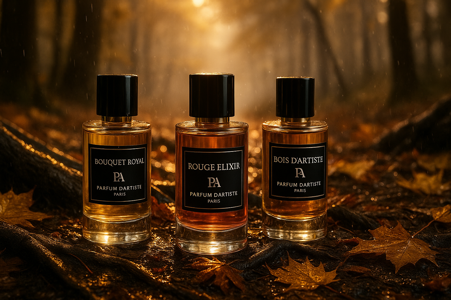 Bannière de parfums artisanaux Parfum d’Artiste dans une ambiance automnale luxueuse.