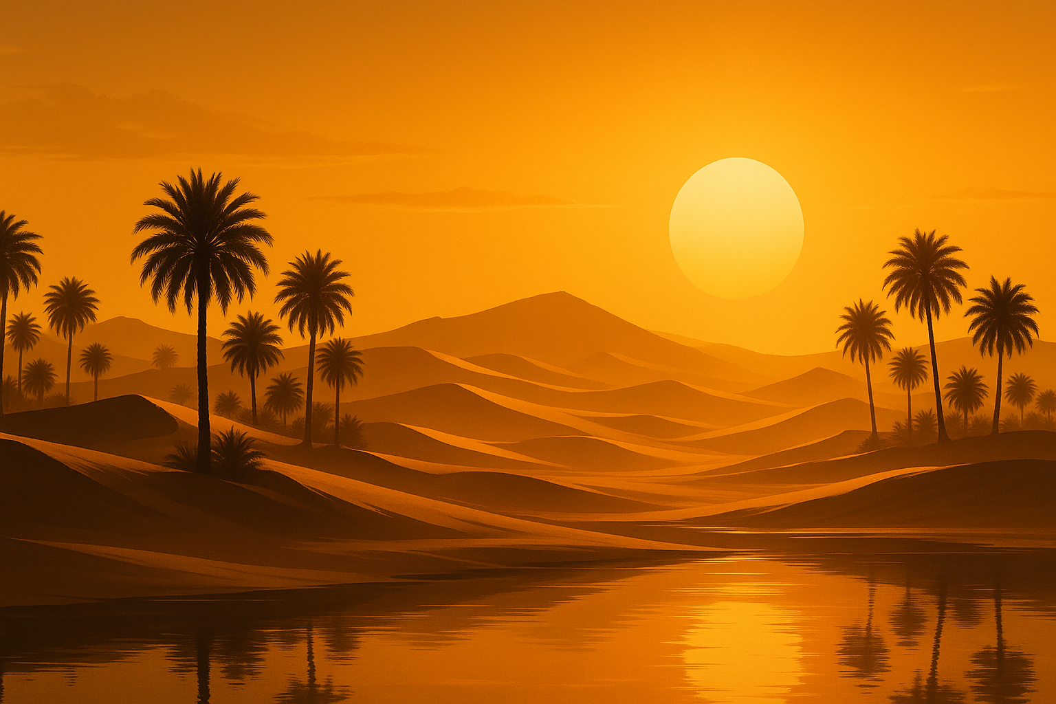 Bannière parfum oriental de luxe avec coucher de soleil dans le désert et palmiers.