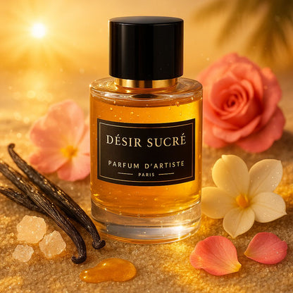 Parfum gourmand sucré, notes caramel et vanille, fragrance addictive, AvrelParfum.