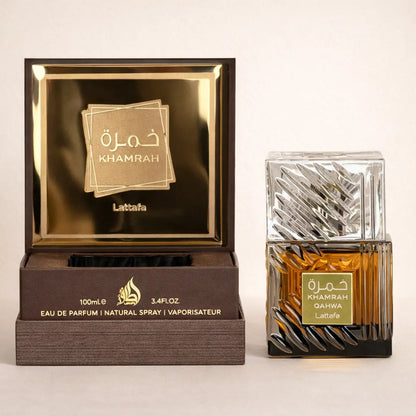 Eau de parfum Khamrah Qahwa Lattafa flacon et packaging