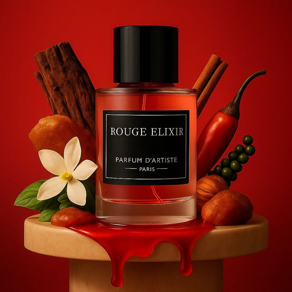 Flacon Rouge Elixir, parfum intense rouge ambré et épicé, finition luxe, AvrelParfum.