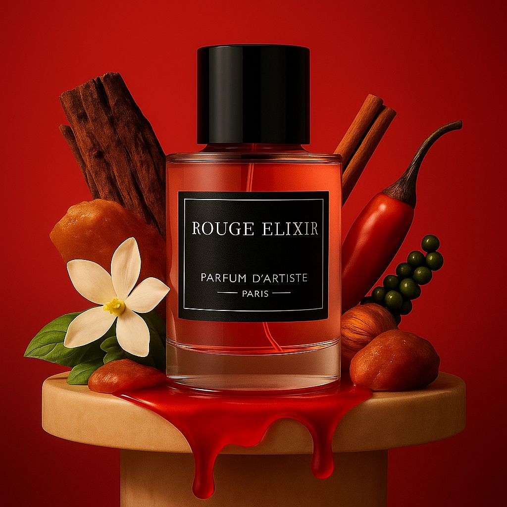 Flacon Rouge Elixir, parfum intense rouge ambré et épicé, finition luxe, AvrelParfum.